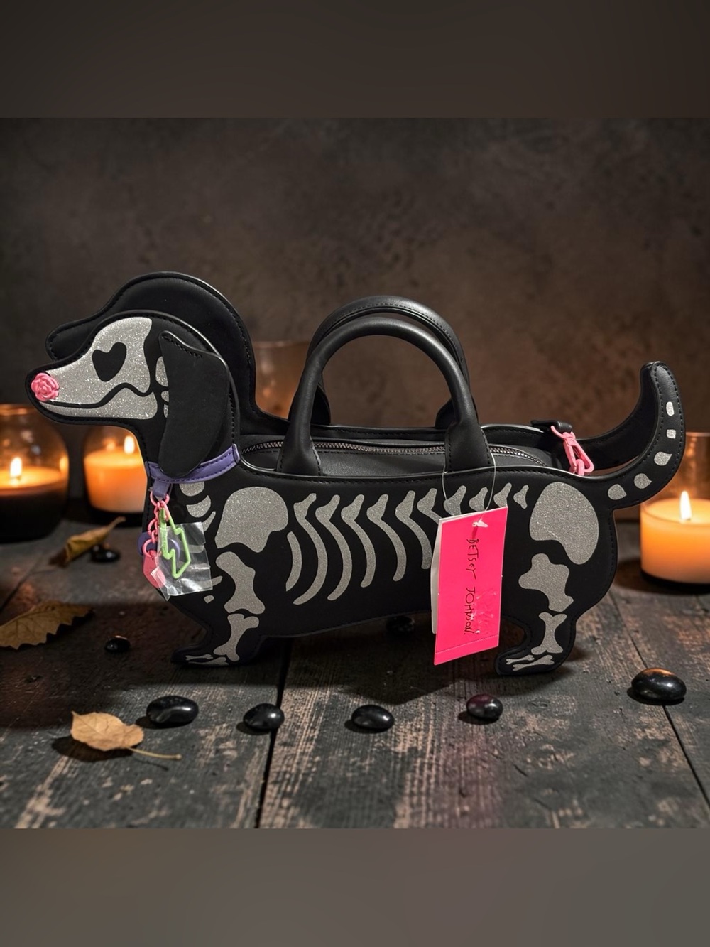 Betsey Johnson Black Dachshund Dog Purse with Silver Skeleton Detailing